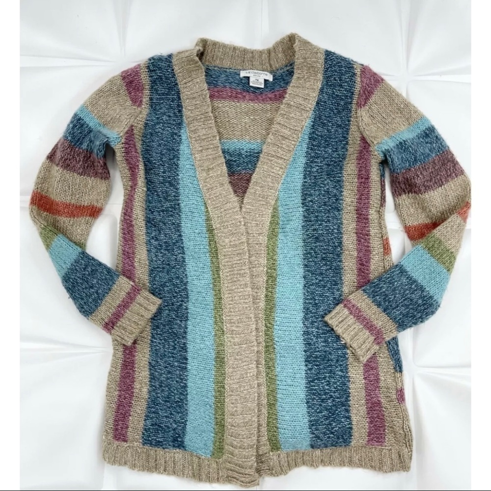 Liz Claiborne Sz PM P M Women Colorful Vertical Stripe Cardigan Sweater Metallic